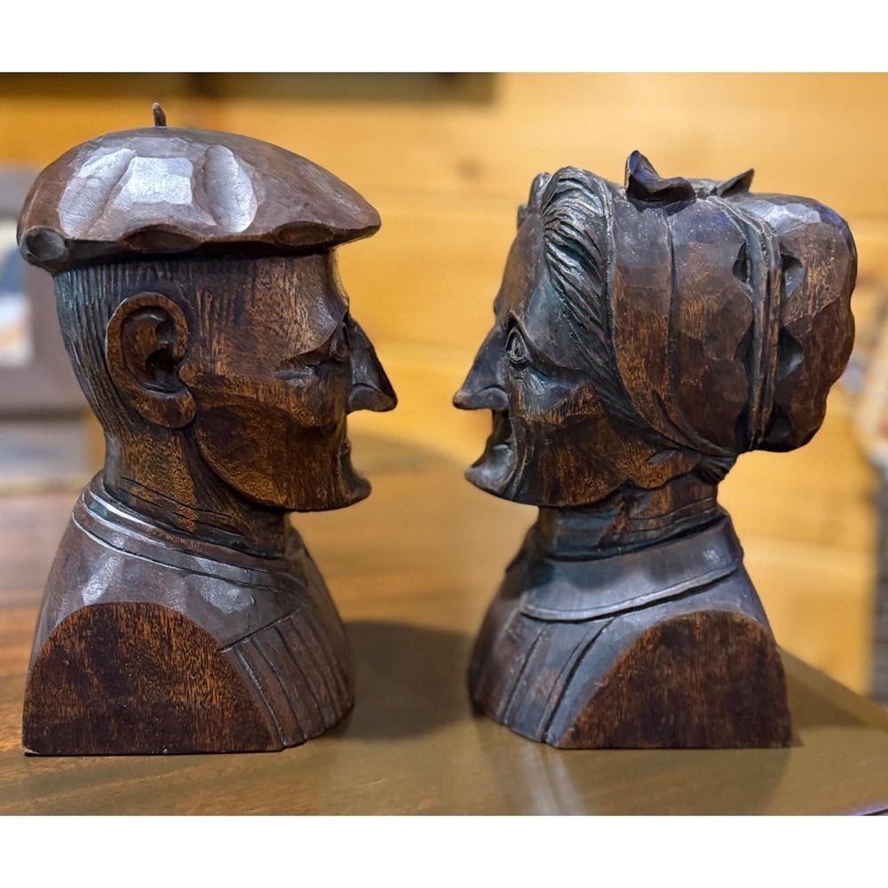 Jose Alberdi Vintage Hand Carved Wood Bust Set Bookends Spain 1960s - 8"